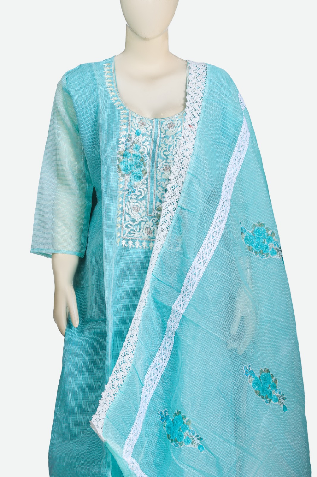 Sky Blue Cotton Kurta Pant Set with Floral Embroidered Dupatta for Women | Daily & Casual Wear