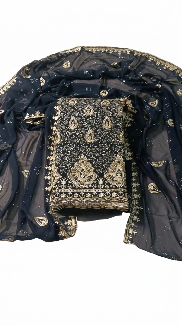 Heavy Gulkand Fox Jorjet Black Unstitched Suit – Designer Jarkan & Gold Embroidery Work with Santoon Bottom for Eid Festivities