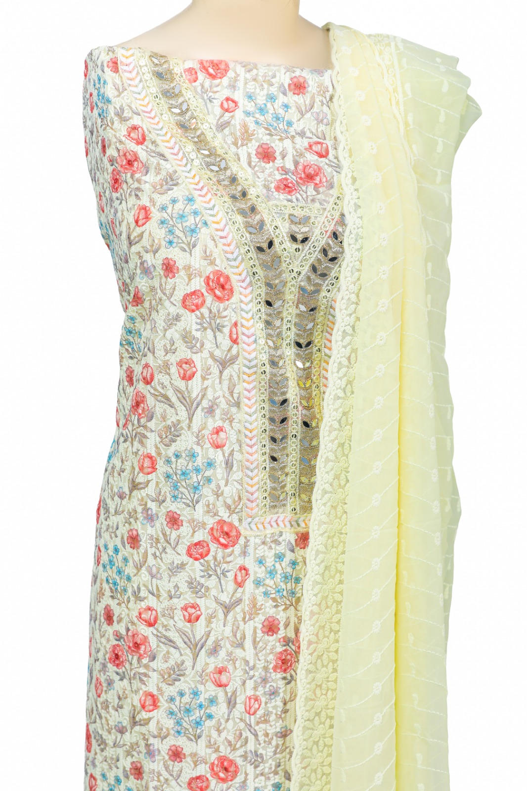 Floral Embroidered Designer Suit Set with Mirror Work & Yellow Dupatta for Women