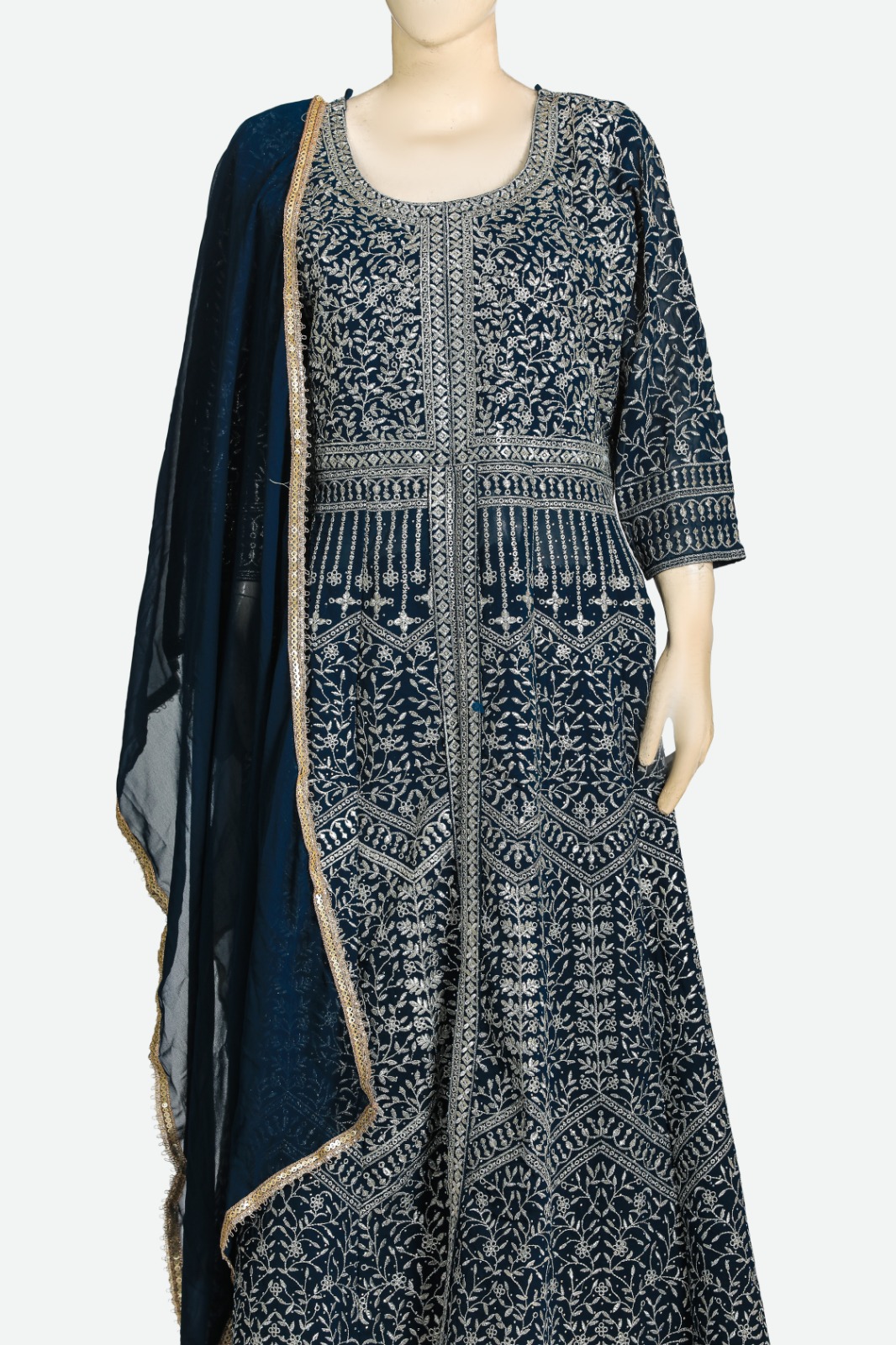 Navy Blue Heavy Embroidered Anarkali Suit Set with Dupatta for Women | Festive & Party Wear