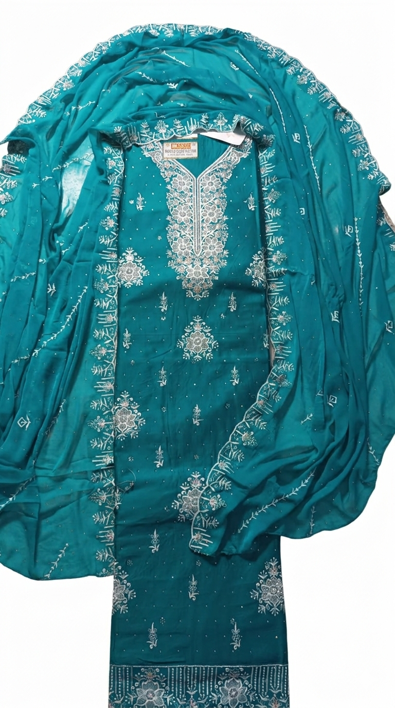 Women’s Unstitched Teal Blue Chiffon Salwar Suit Material with Heavy Silver Resham Embroidery and Scalloped Border Dupatta