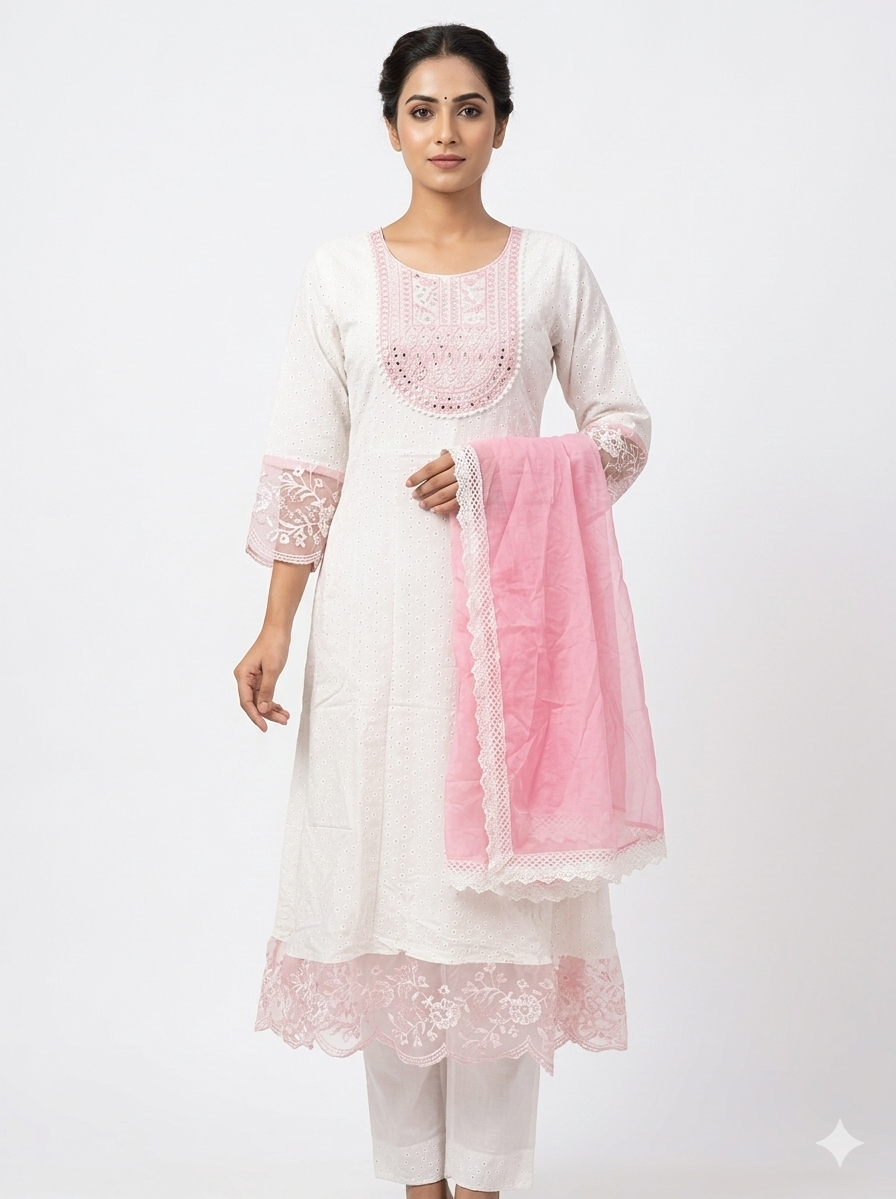Women's White Cotton Chikankari Anarkali Kurta Set with Pink Lace Borders and Net Dupatta