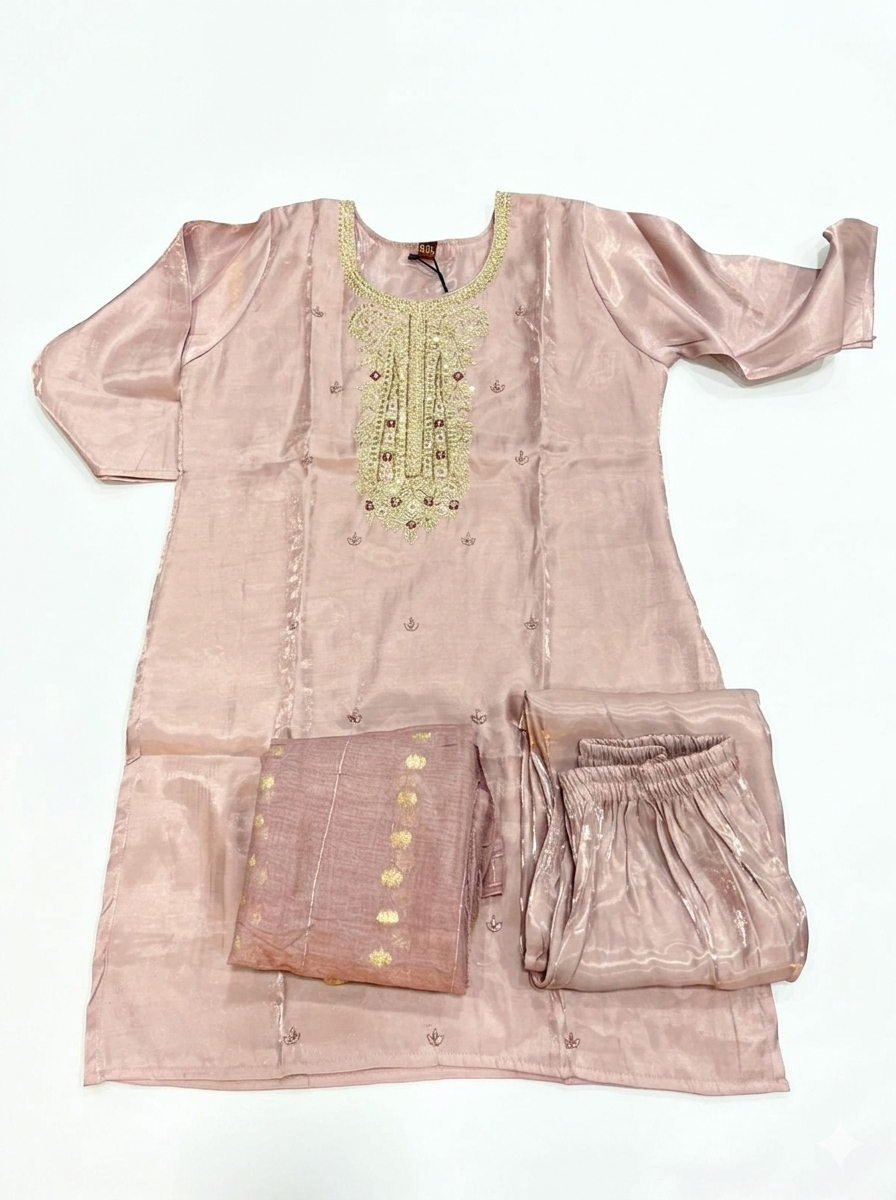 Elegant Mauve Embroidered Kurta Set with Shimmer Trousers and Printed Dupatta