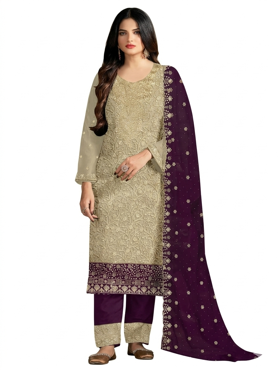 Embroidered Silk Semi stiched Suit Set