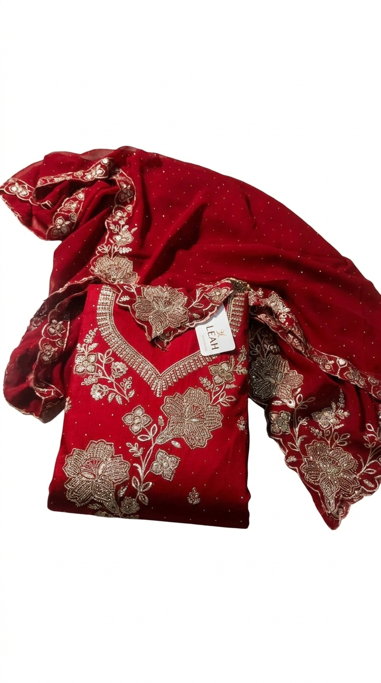 Deep Maroon Silk Salwar Suit with Intricate Gold Zari Embroidery & Scalloped Dupatta