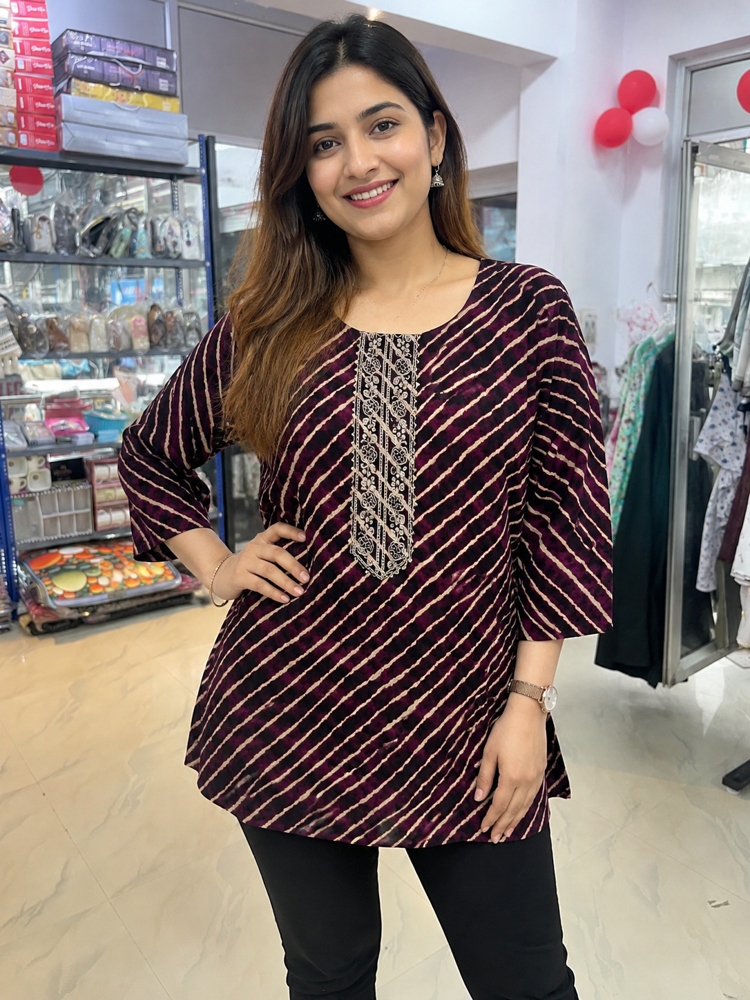 Women’s Leheriya Printed Short Kurti with Embroidered Yoke – Stylish Casual & Office Wear