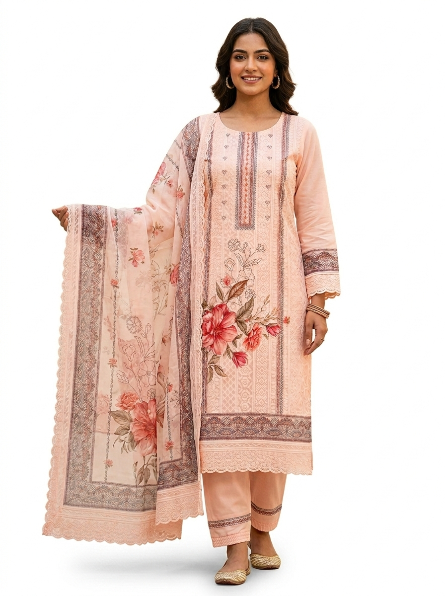 Elegant Peach Floral Embroidered Organza Suit Set