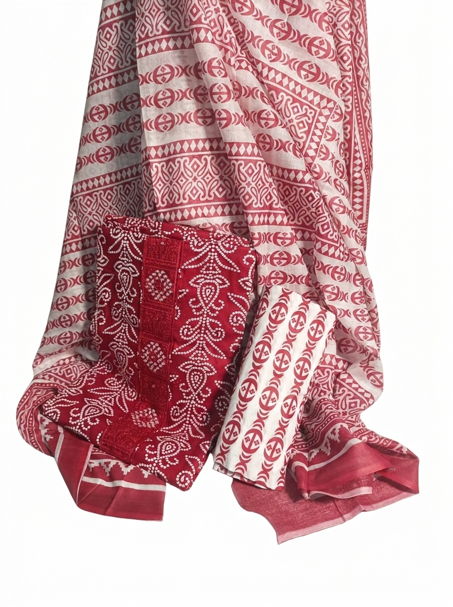 Elegant Red & White Bandhani Cotton Suit Set