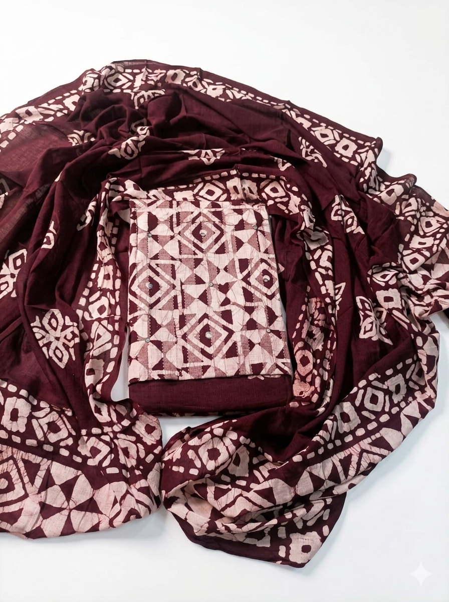 Earth-Tone Batik Geometric Suit – Handcrafted Elegance